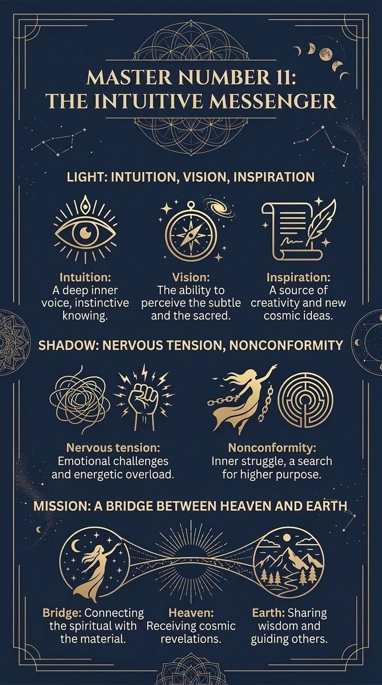 Infographic "Master Number 11: The Intuitive Messenger". Light: intuition, vision, inspiration. Intuition: a deep inner voice, instinctive knowing. Vision: the ability to perceive the subtle and the sacred. Inspiration: a source of creativity and new cosmic ideas. Shadow: nervous tension, nonconformity. Nervous tension: emotional challenges and energetic overload. Nonconformity: inner struggle, a search for higher purpose. Mission: a bridge between heaven and earth. Bridge: connecting the spiritual with the material. Heaven: receiving cosmic revelations. Earth: sharing wisdom and guiding others.
