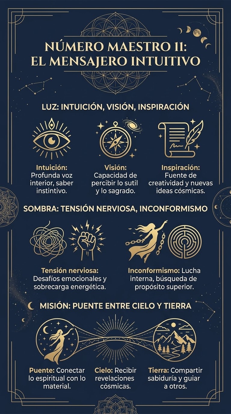 Infografía «Número maestro 11: el mensajero intuitivo». Luz: intuición, visión e inspiración. Intuición: profunda voz interior, saber instintivo. Visión: capacidad de percibir lo sutil y lo sagrado. Inspiración: fuente de creatividad y nuevas ideas cósmicas. Sombra: tensión nerviosa e inconformismo. Tensión nerviosa: desafíos emocionales y sobrecarga energética. Inconformismo: lucha interna, búsqueda de propósito superior. Misión: puente entre cielo y tierra. Puente: conectar lo espiritual con lo material. Cielo: recibir revelaciones cósmicas. Tierra: compartir sabiduría y guiar a otros.