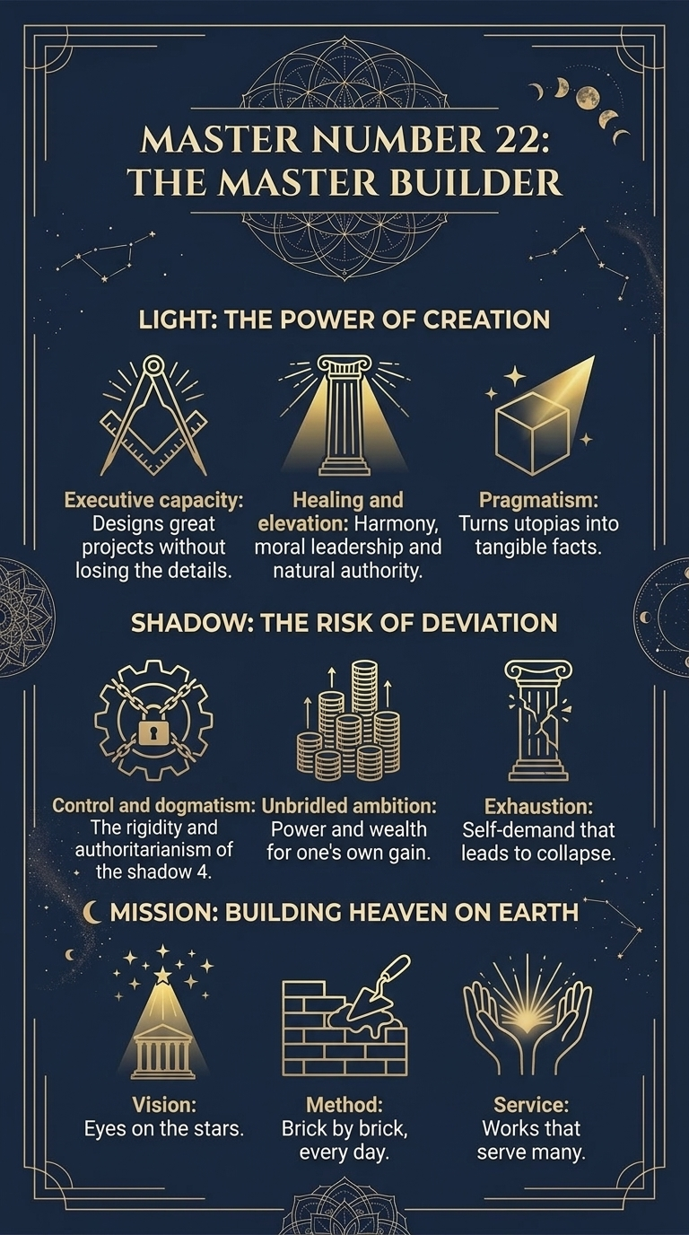 Infographic "Master Number 22: The Master Builder". Light: the power of creation. Executive capacity: designs great projects without losing the details. Healing and elevation: harmony, moral leadership and natural authority. Pragmatism: turns utopias into tangible facts. Shadow: the risk of deviation. Control and dogmatism: the rigidity and authoritarianism of the shadow 4. Unbridled ambition: power and wealth for one's own gain. Exhaustion: self-demand that leads to collapse. Mission: building heaven on earth. Vision: eyes on the stars. Method: brick by brick, every day. Service: works that serve many.