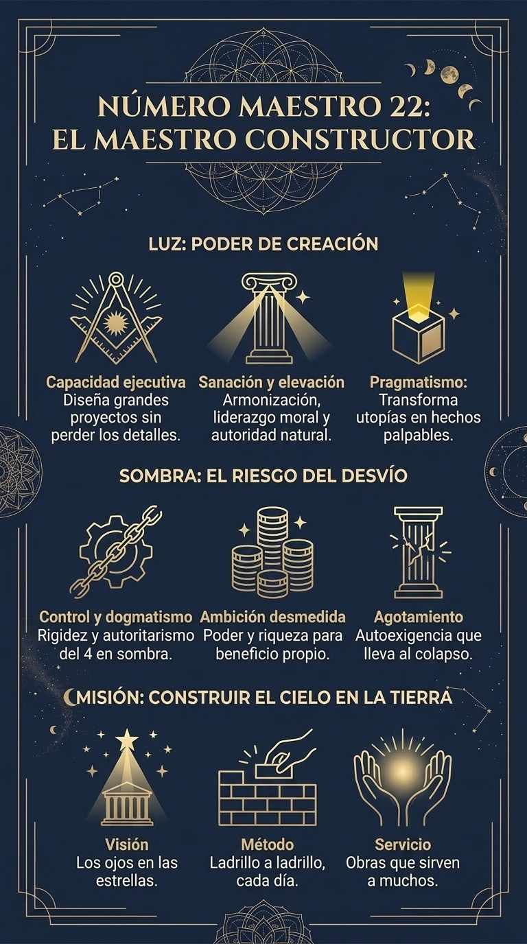 Infografía «Número maestro 22: el maestro constructor». Luz: poder de creación. Capacidad ejecutiva: diseña grandes proyectos sin perder los detalles. Sanación y elevación: armonización, liderazgo moral y autoridad natural. Pragmatismo: transforma utopías en hechos palpables. Sombra: el riesgo del desvío. Control y dogmatismo: rigidez y autoritarismo del 4 en sombra. Ambición desmedida: poder y riqueza para beneficio propio. Agotamiento: autoexigencia que lleva al colapso. Misión: construir el cielo en la tierra. Visión: los ojos en las estrellas. Método: ladrillo a ladrillo, cada día. Servicio: obras que sirven a muchos.