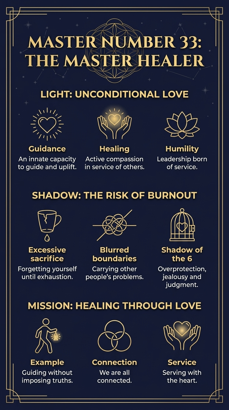 Infographic "Master Number 33: The Master Healer". Light: unconditional love. Guidance: an innate capacity to guide and uplift. Healing: active compassion in service of others. Humility: leadership born of service. Shadow: the risk of burnout. Excessive sacrifice: forgetting yourself until exhaustion. Blurred boundaries: carrying other people's problems. Shadow of the 6: overprotection, jealousy and judgment. Mission: healing through love. Example: guiding without imposing truths. Connection: we are all connected. Service: serving with the heart.