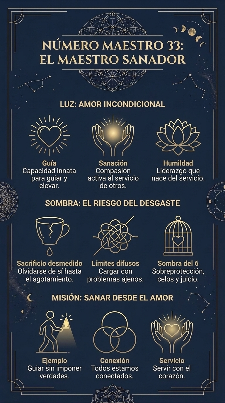 Infografía «Número maestro 33: el maestro sanador». Luz: amor incondicional. Guía: capacidad innata para guiar y elevar. Sanación: compasión activa al servicio de otros. Humildad: liderazgo que nace del servicio. Sombra: el riesgo del desgaste. Sacrificio desmedido: olvidarse de sí hasta el agotamiento. Límites difusos: cargar con problemas ajenos. Sombra del 6: sobreprotección, celos y juicio. Misión: sanar desde el amor. Ejemplo: guiar sin imponer verdades. Conexión: todos estamos conectados. Servicio: servir con el corazón.