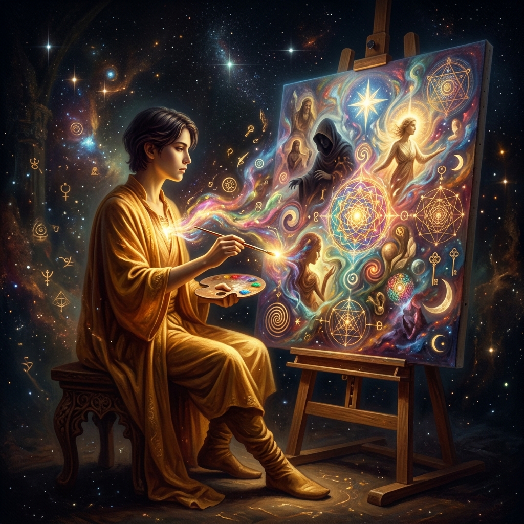 Arte como espejo del alma — figura creando ante un lienzo que refleja su mundo interior