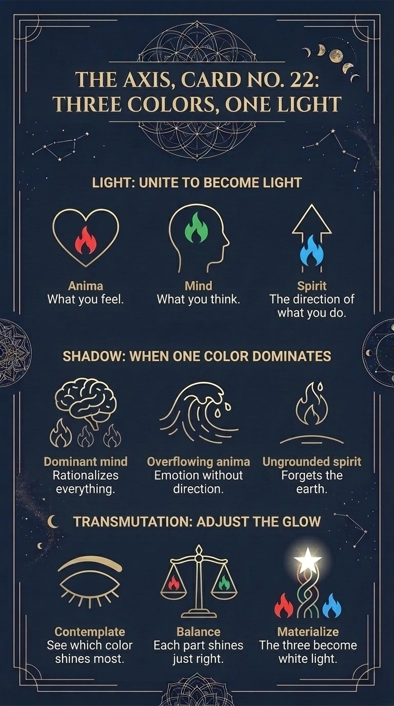 Infographic "The Axis, Card No. 22: Three Colors, One Light". Light: unite to become light. Anima, what you feel. Mind, what you think. Spirit, the direction of what you do. Shadow: when one color dominates. Dominant mind: rationalizes everything. Overflowing anima: emotion without direction. Ungrounded spirit: forgets the earth. Transmutation: adjust the glow. Contemplate: see which color shines most. Balance: each part shines just right. Materialize: the three become white light.