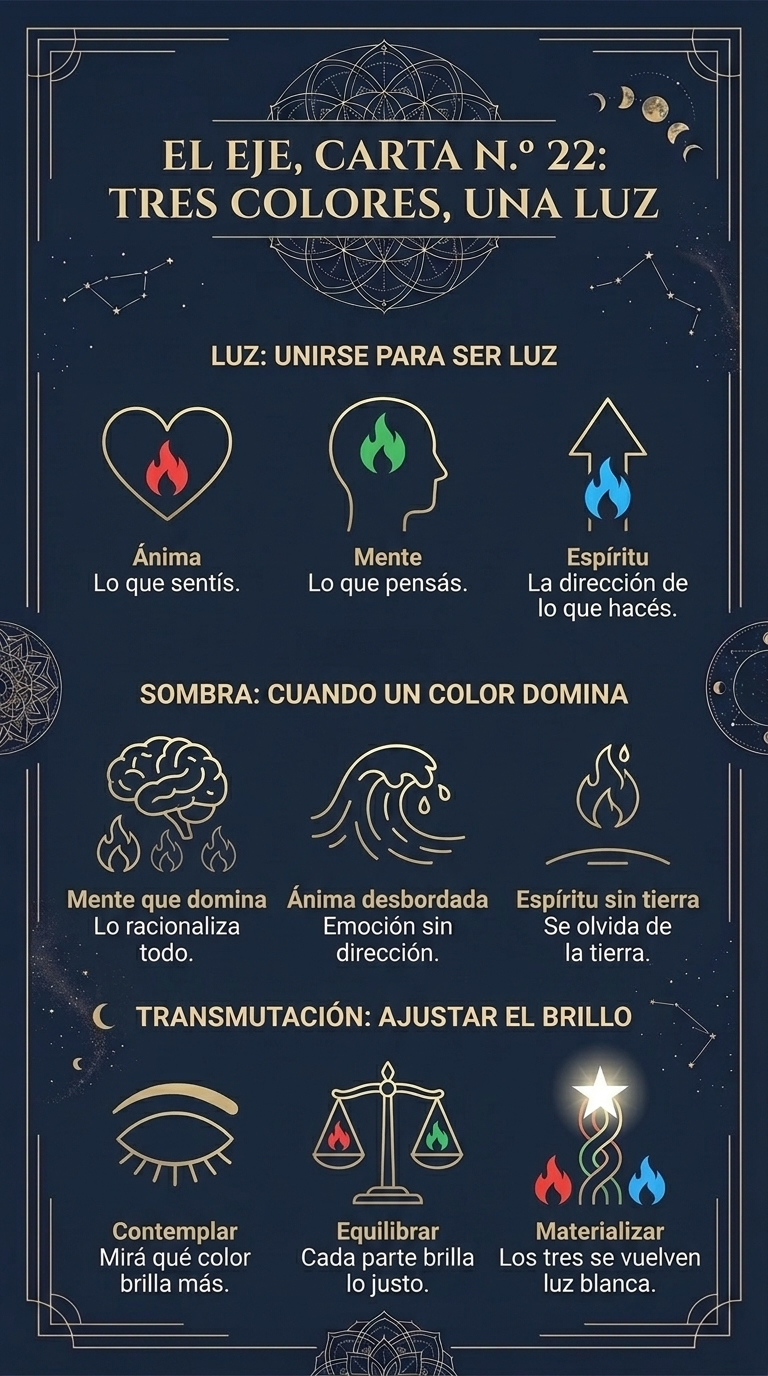Infografía «El Eje, carta N.º 22: tres colores, una luz». Luz: unirse para ser luz. Ánima, lo que sentís. Mente, lo que pensás. Espíritu, la dirección de lo que hacés. Sombra: cuando un color domina. Mente que domina: lo racionaliza todo. Ánima desbordada: emoción sin dirección. Espíritu sin tierra: se olvida de la tierra. Transmutación: ajustar el brillo. Contemplar: mirá qué color brilla más. Equilibrar: cada parte brilla lo justo. Materializar: los tres se vuelven luz blanca.