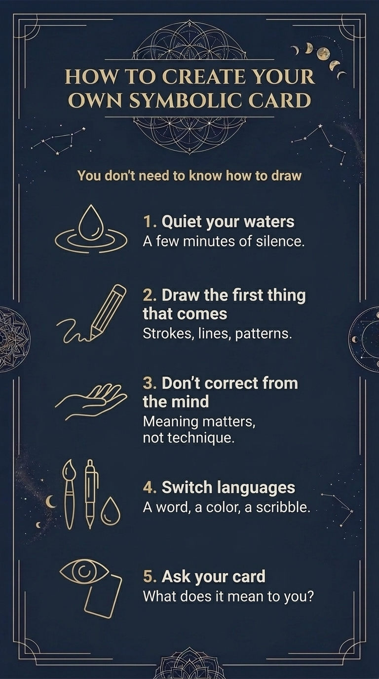 Infographic "How to create your own symbolic card". You do not need to know how to draw. 1. Quiet your waters: a few minutes of silence. 2. Draw the first thing that comes: strokes, lines, patterns. 3. Do not correct from the mind: meaning matters, not technique. 4. Switch languages: a word, a color, a scribble. 5. Ask your card: what does it mean to you?