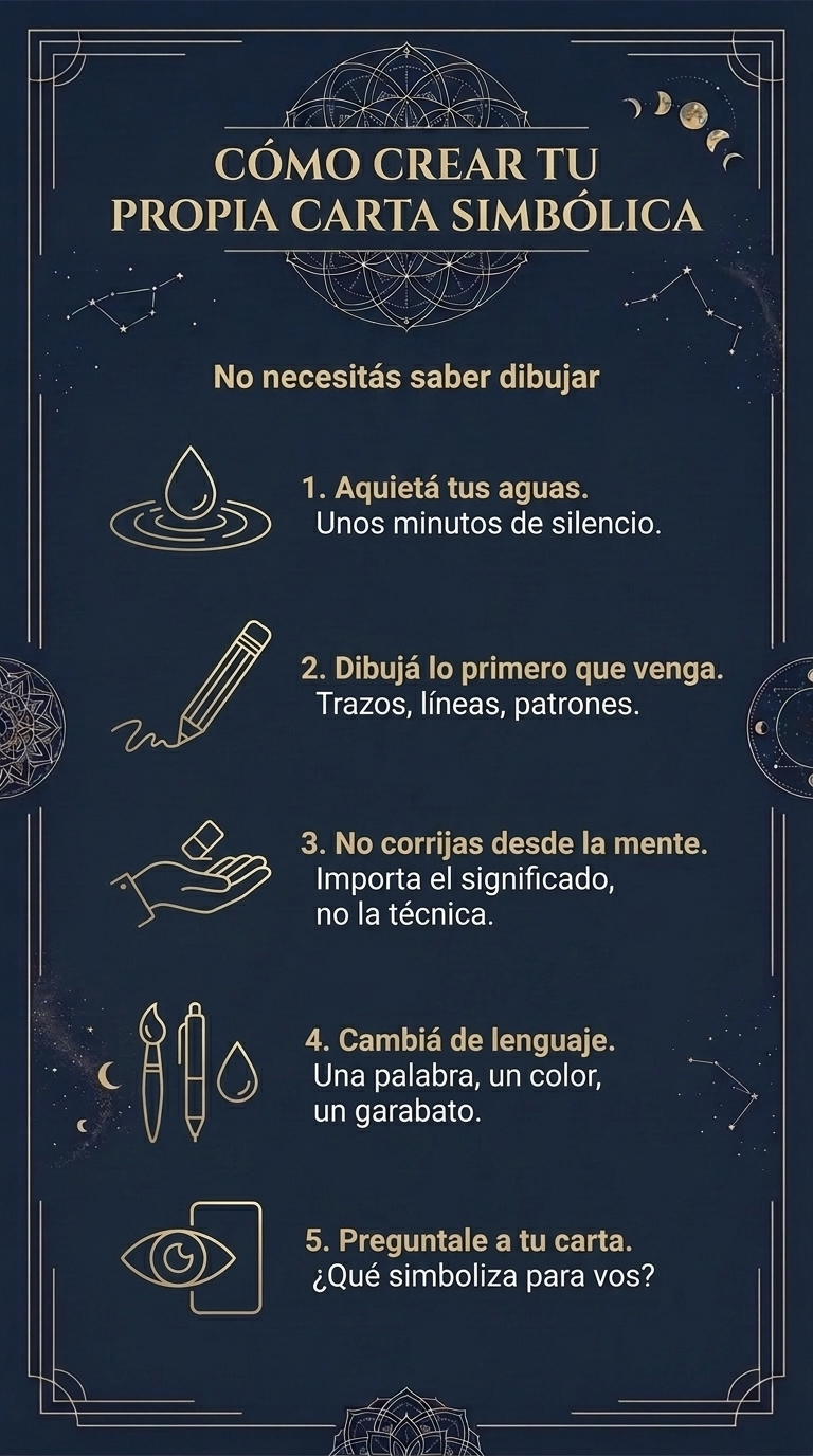 Infografía «Cómo crear tu propia carta simbólica». No necesitás saber dibujar. 1. Aquietá tus aguas: unos minutos de silencio. 2. Dibujá lo primero que venga: trazos, líneas, patrones. 3. No corrijas desde la mente: importa el significado, no la técnica. 4. Cambiá de lenguaje: una palabra, un color, un garabato. 5. Preguntale a tu carta: ¿qué simboliza para vos?